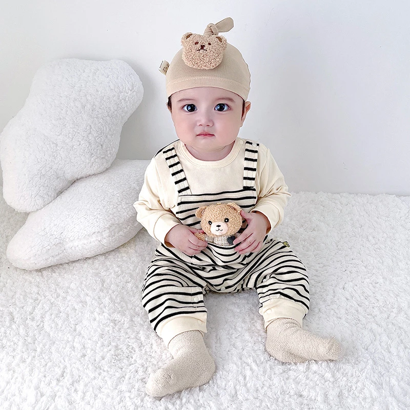 本印苏拉婴儿连体衣春秋韩版条纹背带假两件可爱呆萌熊宝宝连体衣