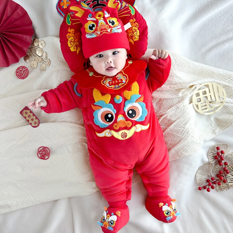 龙年满月百天宝宝衣服拜年服婴儿连体衣加厚夹棉哈衣红色新年5369