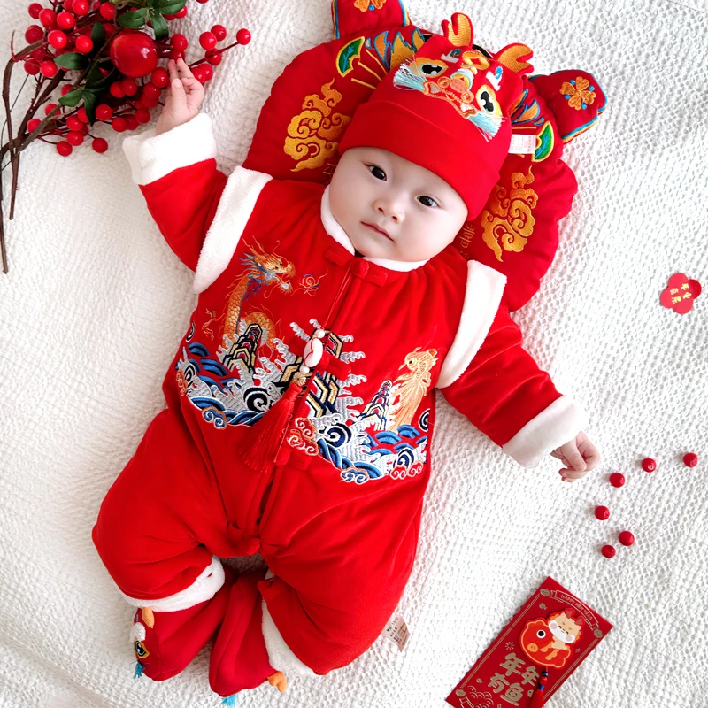 男女宝满月百天宝宝衣服婴儿连体衣夹棉保暖哈衣中国风拜年服6275