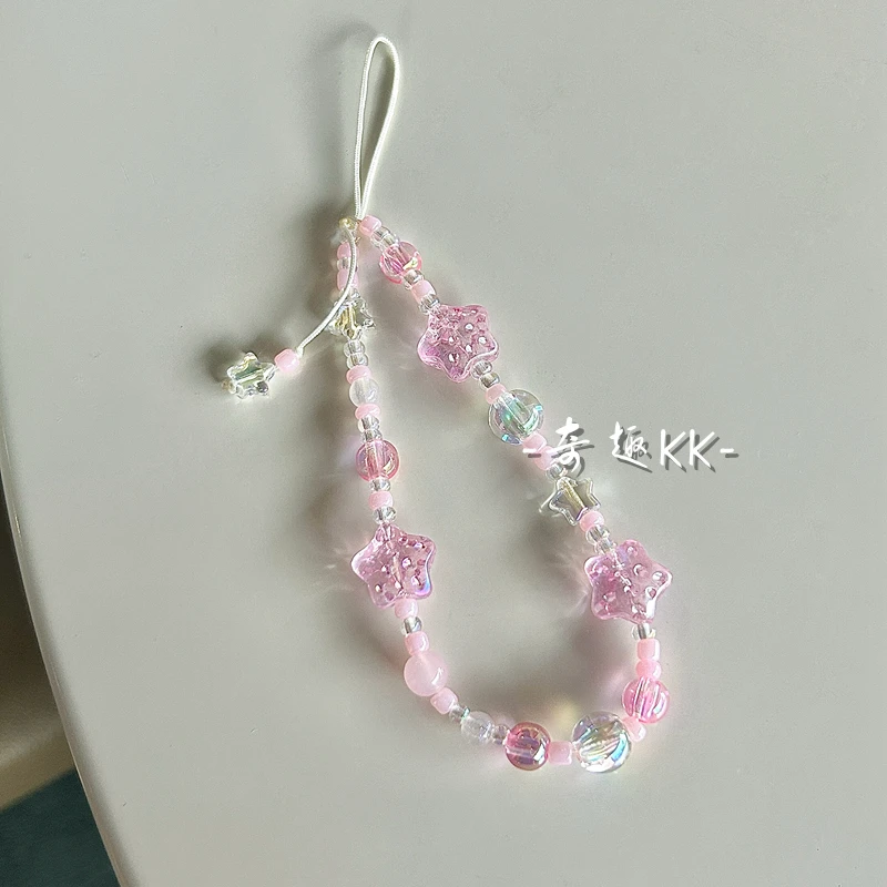 奇趣KK ins冰透粉色星星手机链串珠ccd相机挂饰钥匙手机壳防丢绳