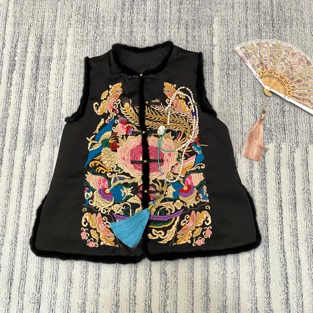 Miss.Z【凤喜牡丹】中式水貂毛刺绣夹棉马甲#8291