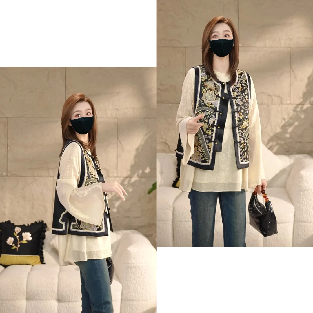 Miss.Z【花好月圆】醋酸刺绣圆领盘扣马甲#m0814