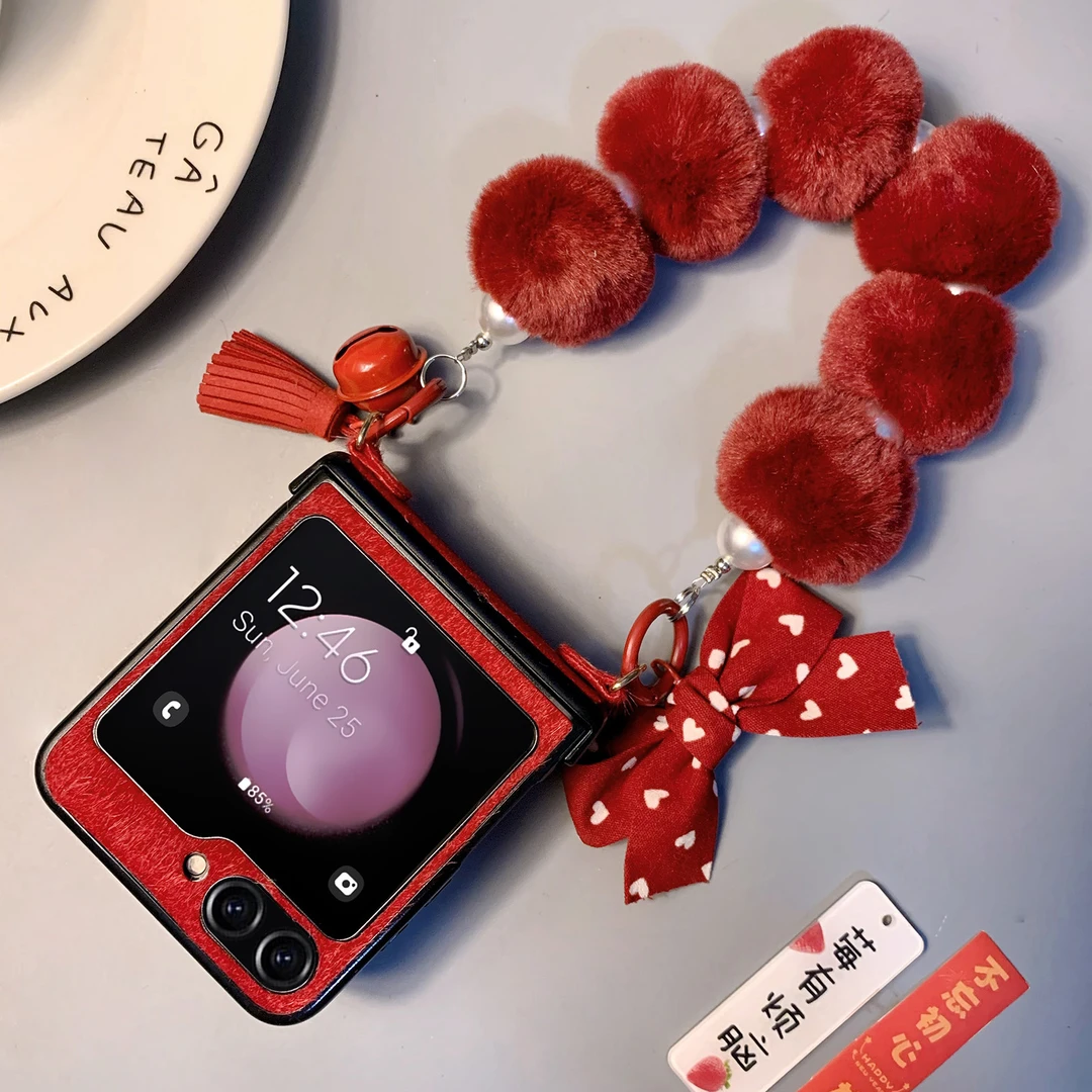 三星zflip5手机壳W24 Flip折叠屏新年圣诞蝴蝶结毛绒手提女保护套