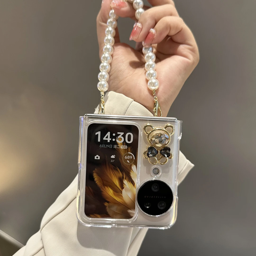 适用OPPOFindN3flip手机壳折叠屏钻石熊斜挎n2flip透明个性保护套