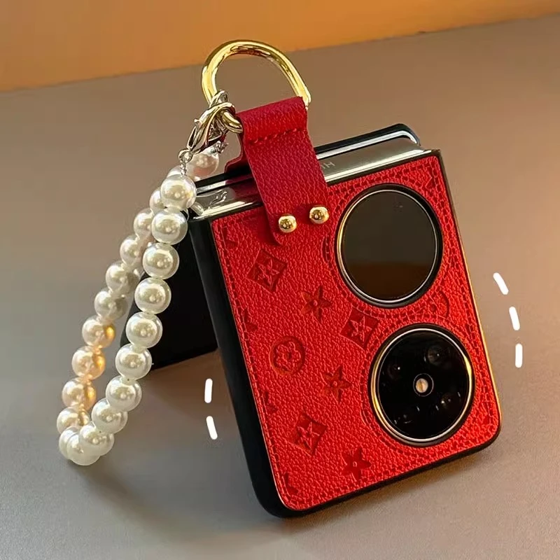 适用华为p50 pocket 2手机壳折叠屏新年红潮牌皮纹指环扣女保护套