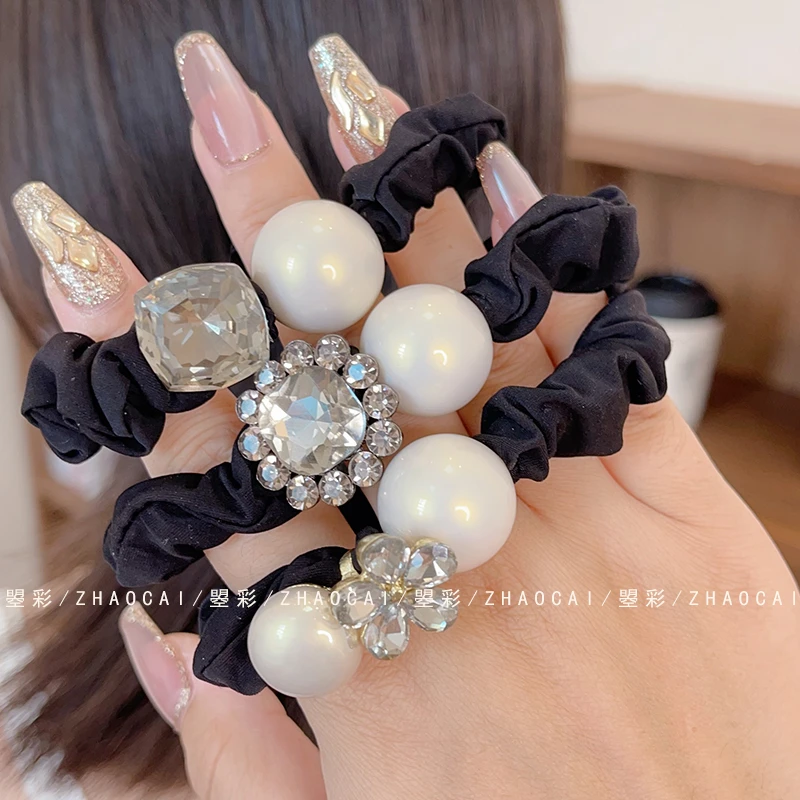新款简约高级感精致闪钻珠珠发圈小肠圈发饰女黑色扎马尾高马尾