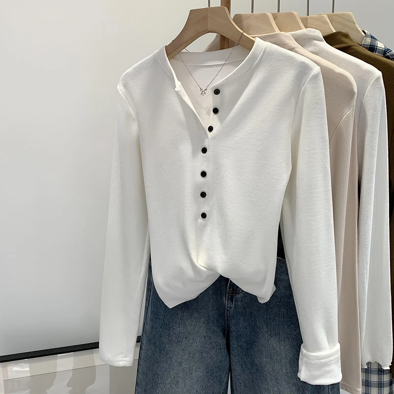 【部分现】纽扣半开领长袖T恤女2024秋冬百搭修身设计感上衣240604