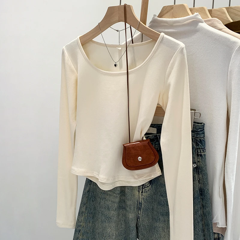 【部分现】气质低圆领长袖打底衫T恤女2024早秋新款内搭上衣240222