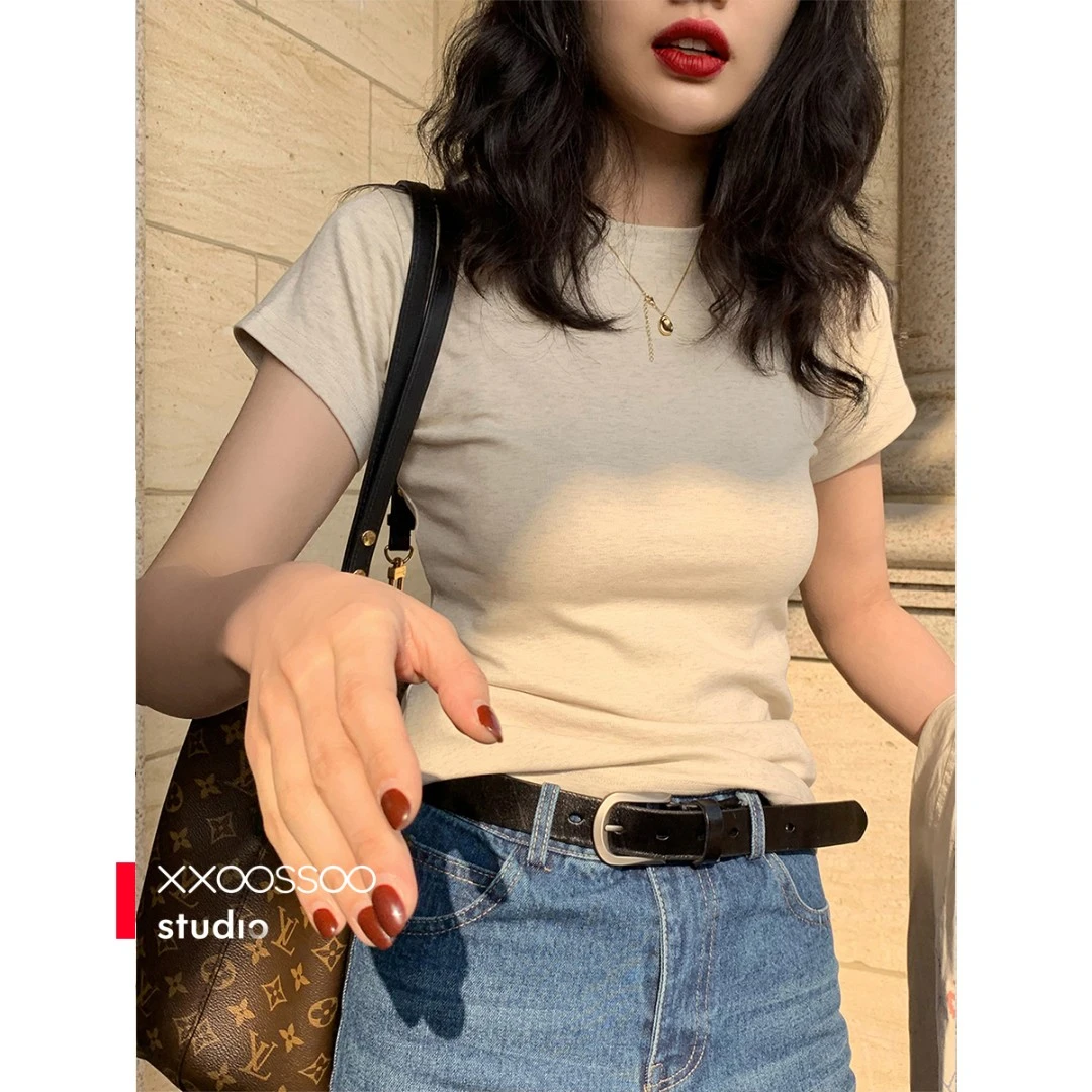 8100 正肩T恤女短袖夏季新款纯色圆领修身显瘦叠穿紧身打底上衣