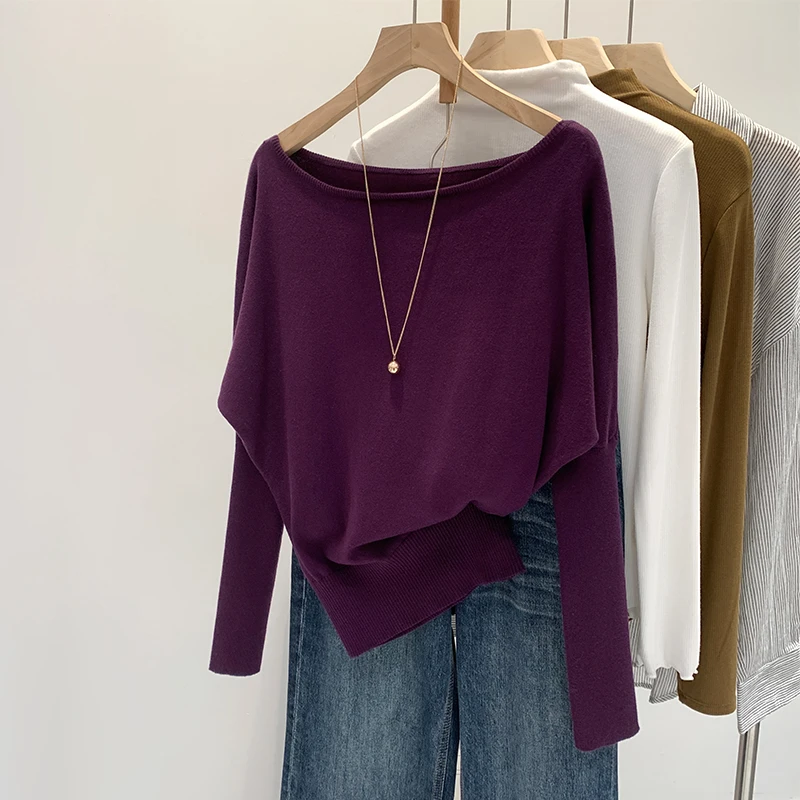 【部分现】纯色一字肩长袖针织衫秋冬内搭打底设计感收腰上衣M942