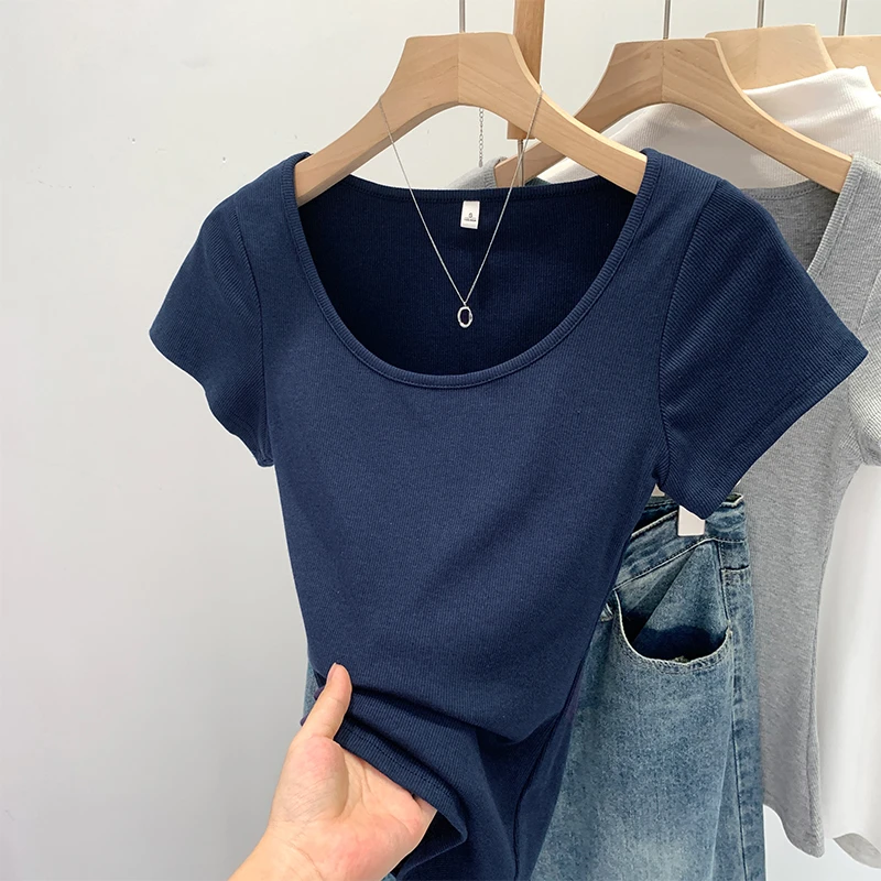 【部分现】2025新款修身韩版上衣夏季圆领螺纹设计感短袖T恤240173