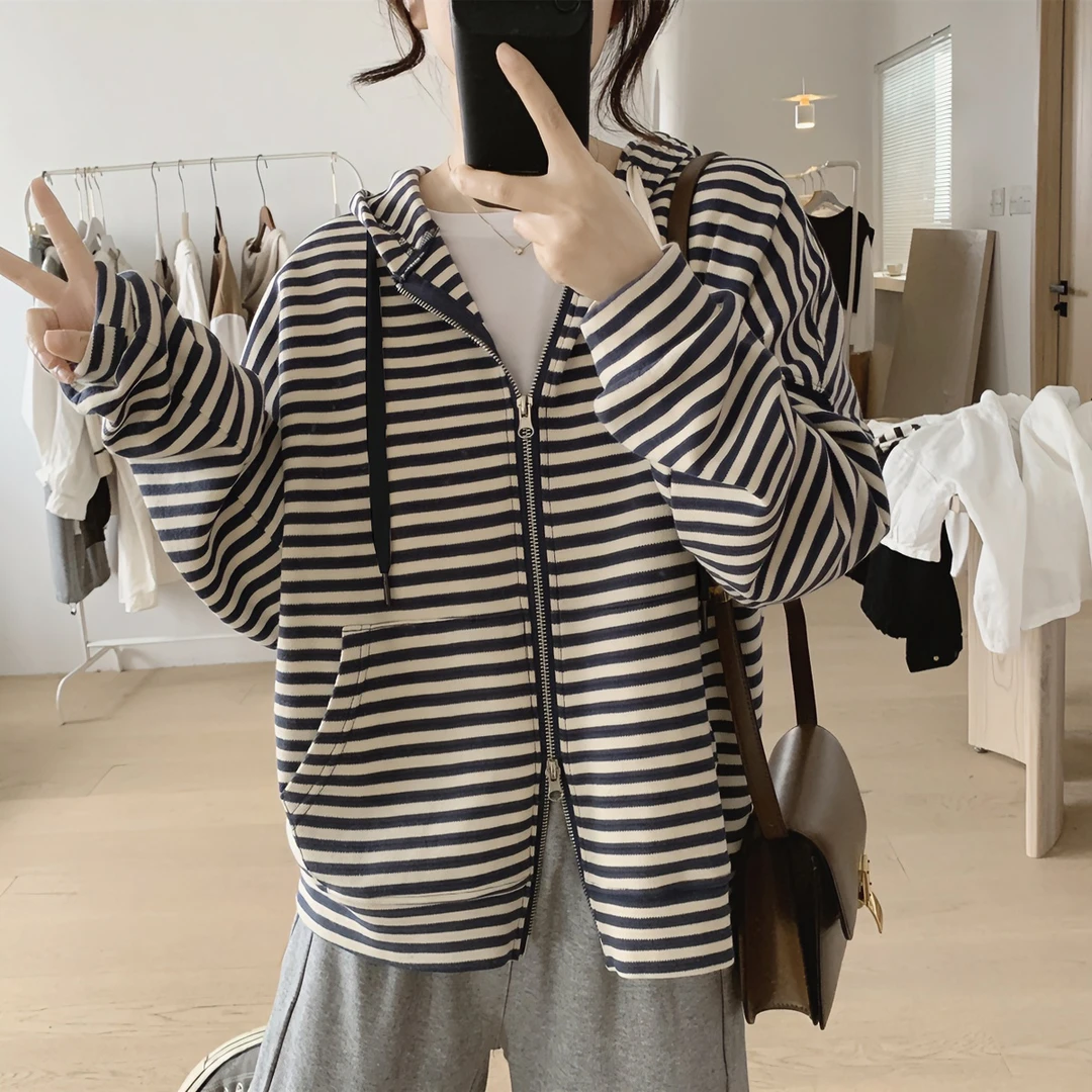 【现货48h飞】现货条纹卫衣外套女式季新款宽松显瘦双拉链开衫555