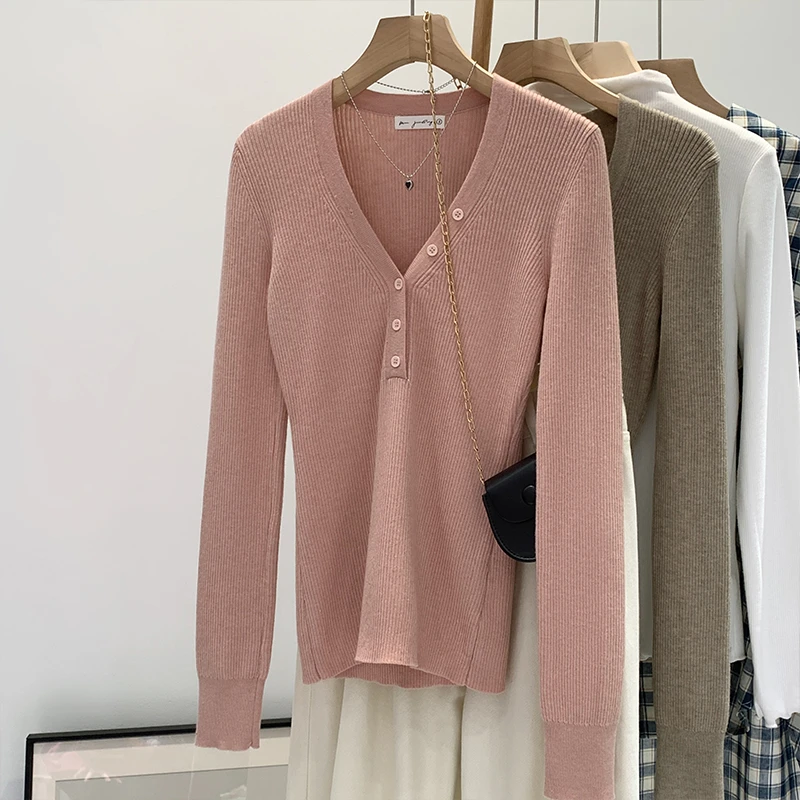 【部分现】V领长袖纽扣针织衫2024秋冬内搭打底显瘦设计感上衣M903