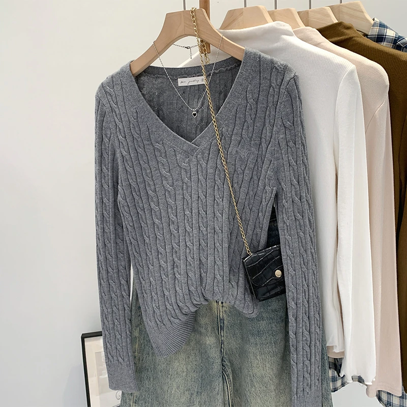 【部分现】v领麻花长袖针织打底衫女秋冬新款小众气质好看上衣M640