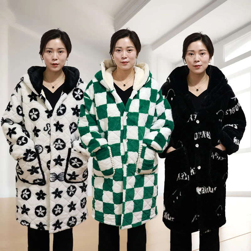 2024新款外穿连帽宽松加绒特厚保暖舒适加长款家居服时尚宽松