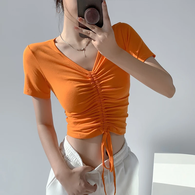 XIUSSV领显瘦抽绳短袖t恤夏季露肚脐修身短款个性纯色上衣女百搭