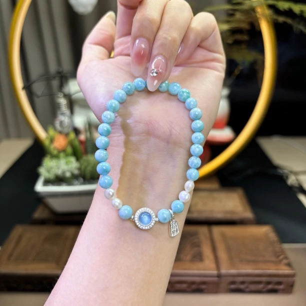 天然海纹石单圈手链搭配招财小吊坠轻奢女款梦幻蓝色