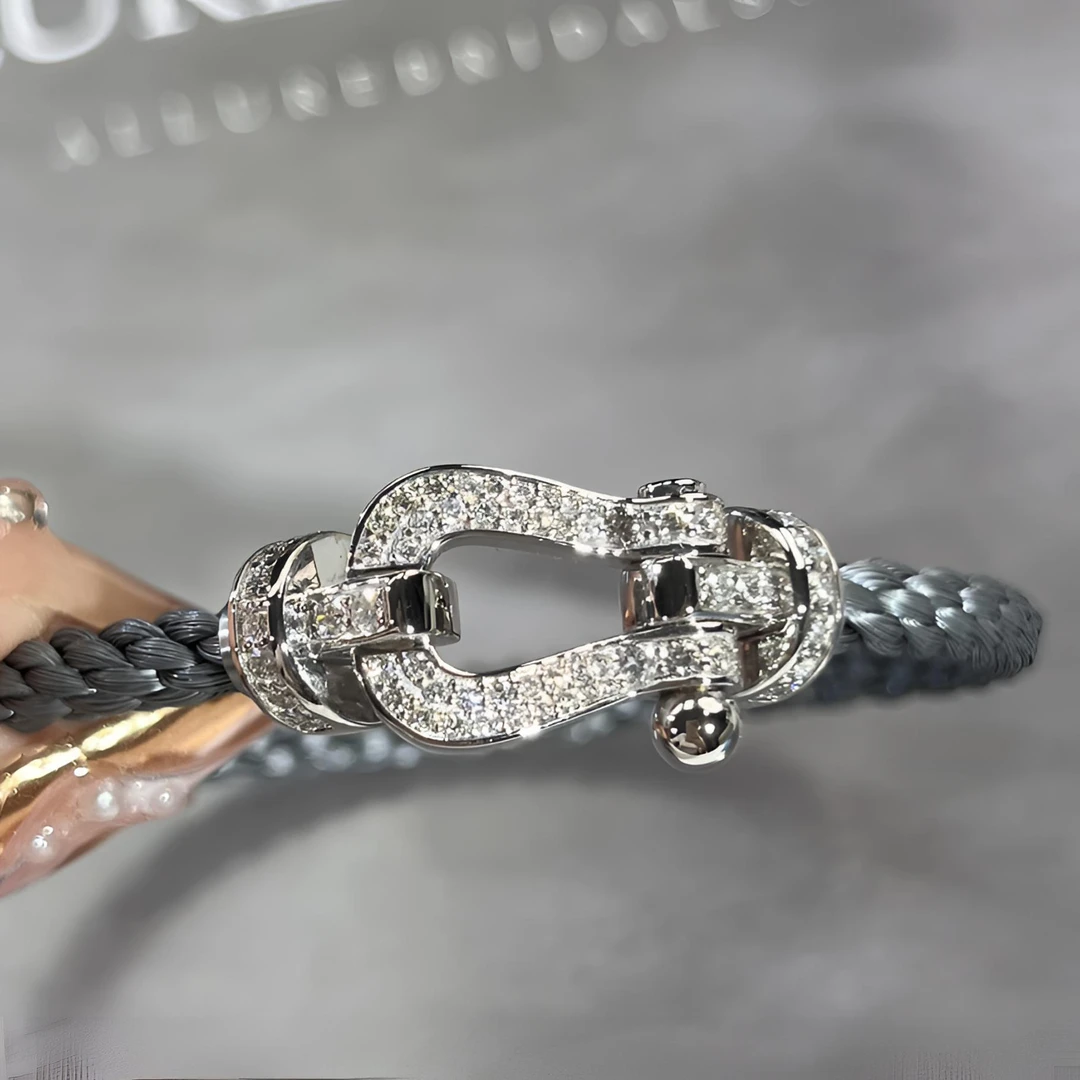【天然钻石】18K白金大号马蹄扣满钻手绳 个性情侣同款