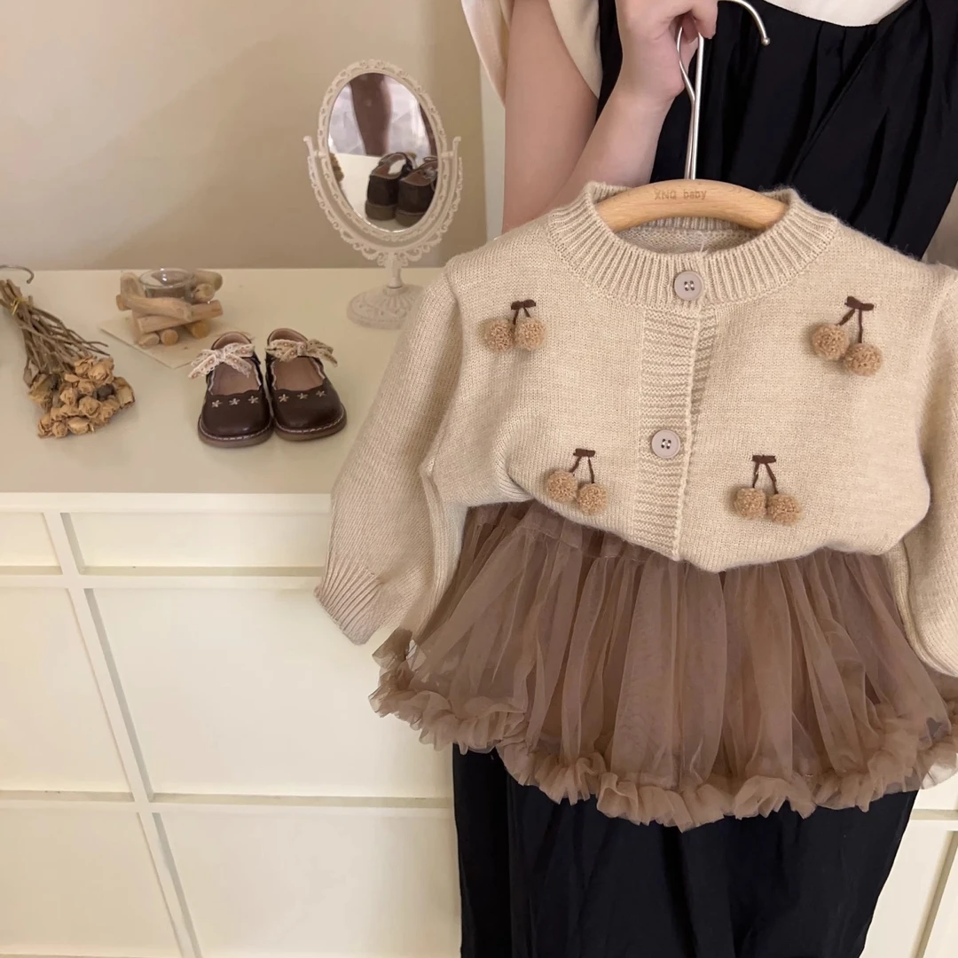 女童秋装樱桃针织开衫女宝宝儿童秋冬韩版洋气公主风长袖毛衣外套