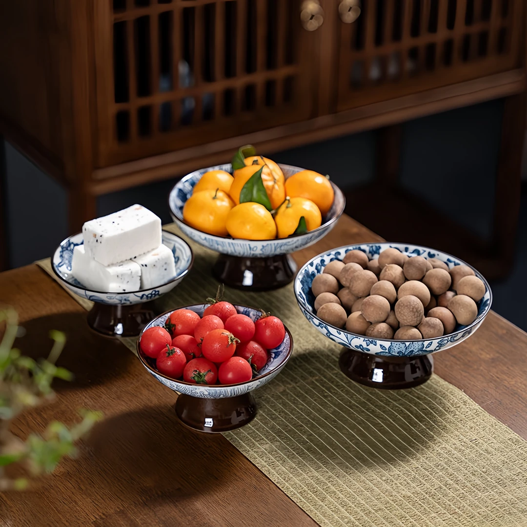陶瓷水果盘新中式干果篮家用点心盘高颜值轻奢糕点盘国潮风釉下彩