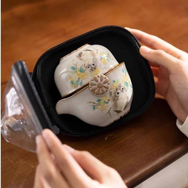 古道源底款汝窑可爱桂花猫旅行茶具套组带收纳包