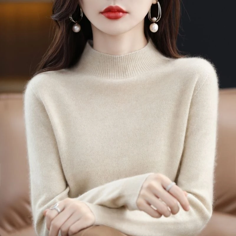 一线成衣100%纯羊毛衫女2022新秋冬半高领无缝毛衣百搭针织打底衫