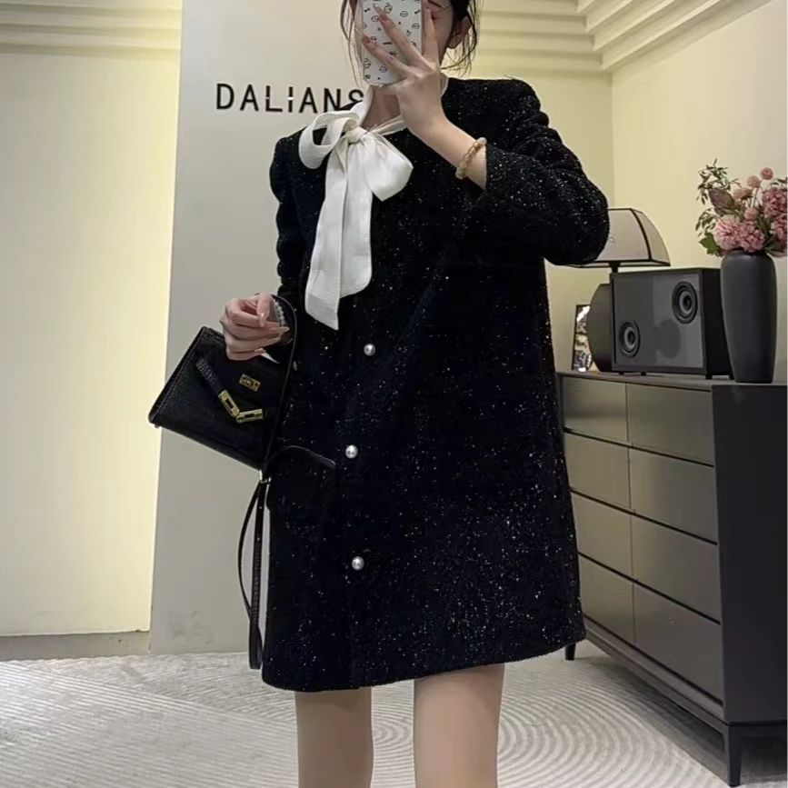 DALIANSU/大脸酥-3942  秋冬法式蝴蝶结气质亮丝香风外套上衣