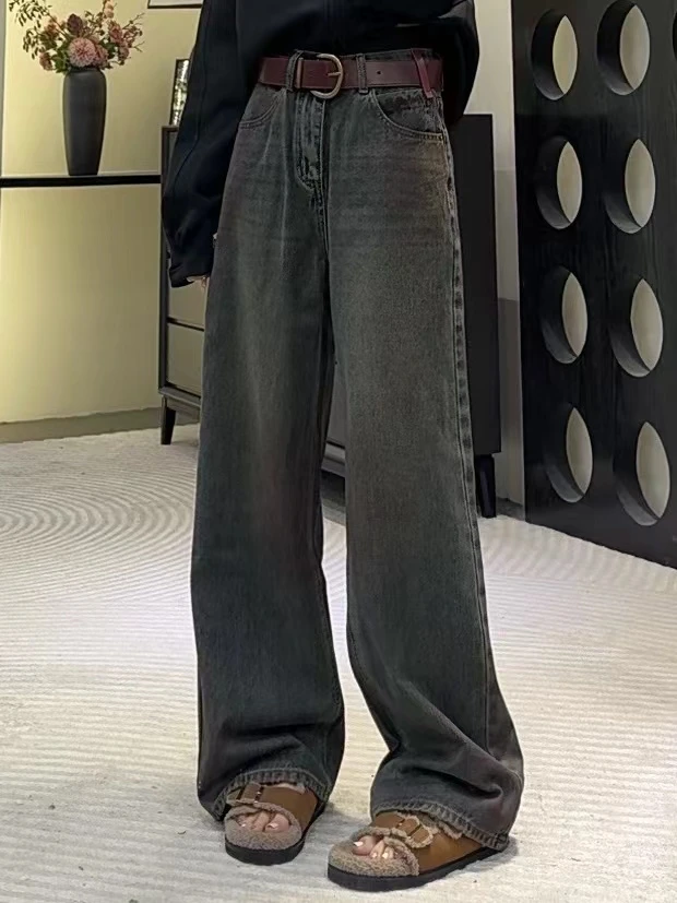 Nalian/拿恋-3780【 腮红脏脏裤】秋季高腰显瘦阔腿牛仔裤