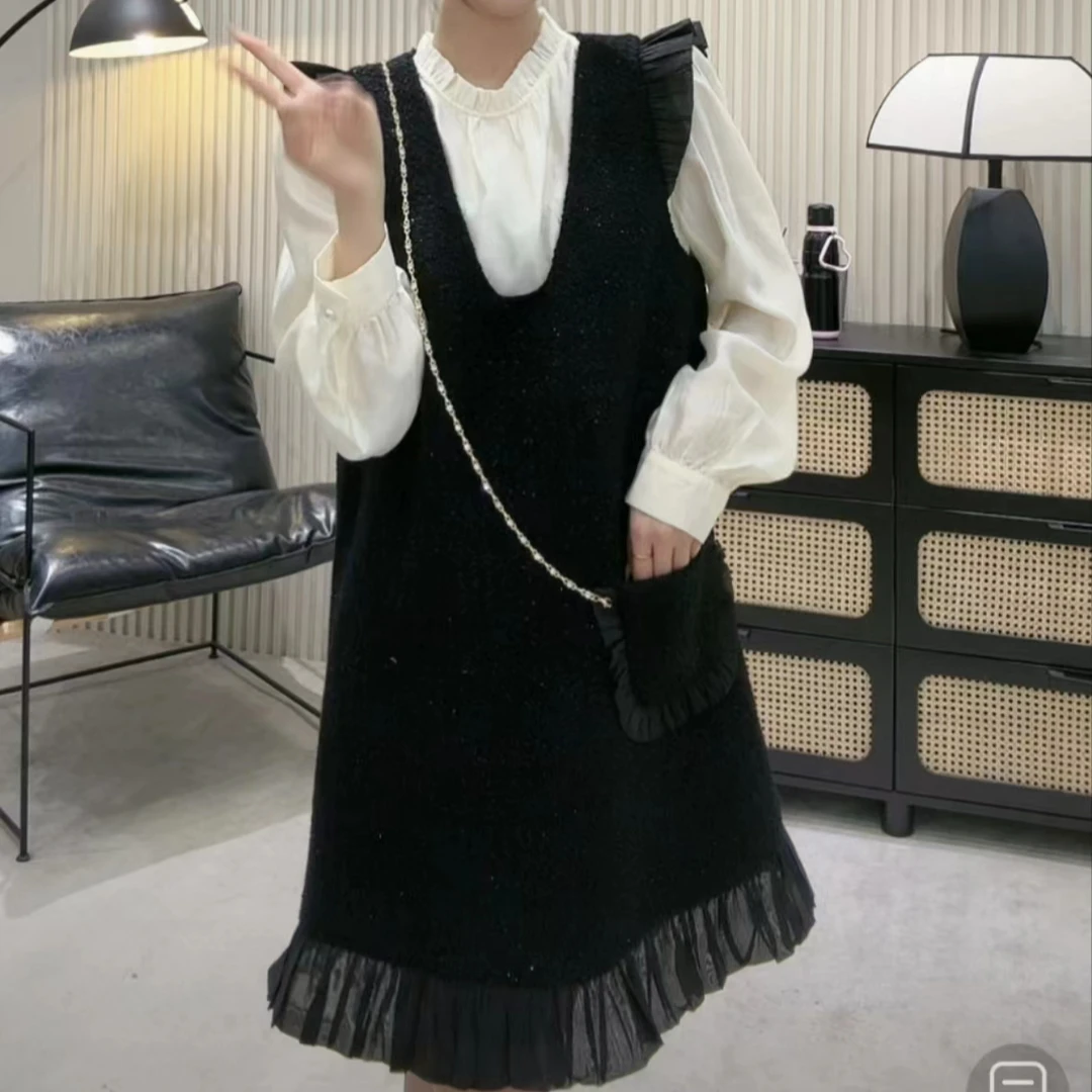 DLS-3166  高定上新蕾丝边打底衬衫+连衣裙 两件套