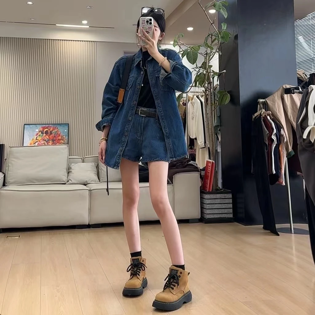 Nalian/拿恋-3727  秋季宽松长袖牛仔衬衫+高腰阔腿短裤两件套