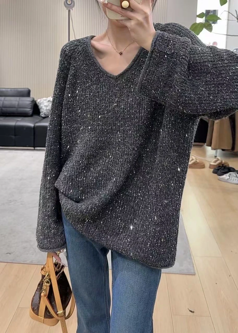 DALIANSU/大脸酥-4130 冬季亮丝软糯针织V领打底衫上衣