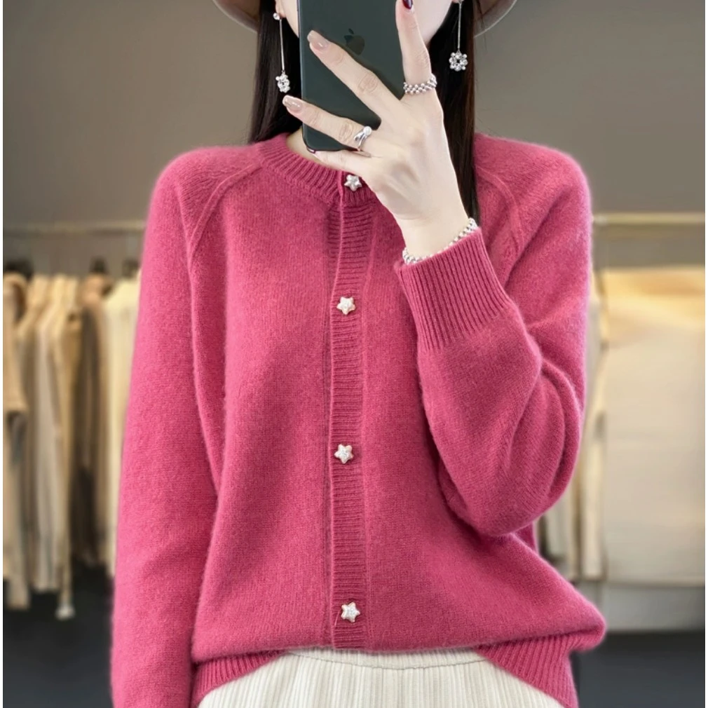 2024新款羊毛针衫开衫女慵懒风春秋圆领羊绒星星纽扣毛衣打底外套