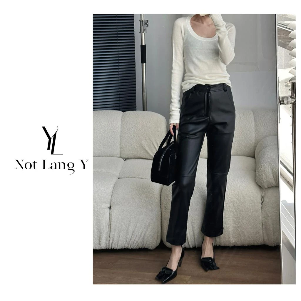 Lang Y23秋冬高腰直筒皮裤弹力加绒修身显瘦百搭小脚蛋白pu皮裤子
