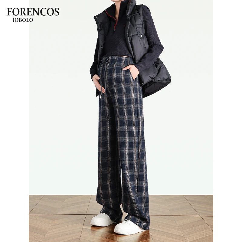 孕妇格子阔腿裤秋冬季新款外穿加绒加厚休闲直筒高腰拖地裤