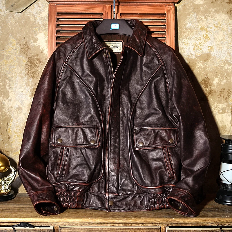 新款男士真皮皮衣A2飞行服皮夹克头层牛皮翻领做旧款男装真皮外套