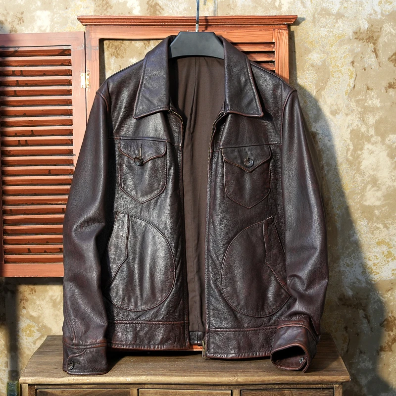 2022欧美男士真皮皮衣头层小牛皮复古做旧机车服皮夹克休闲皮外套