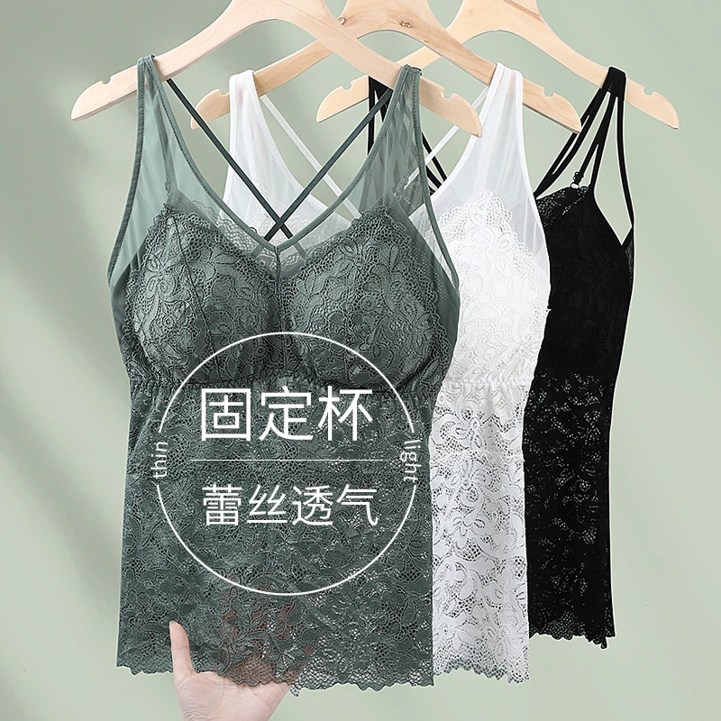法式蕾丝网纱美背文胸内衣一体式薄款性感内搭吊带背心打底文胸
