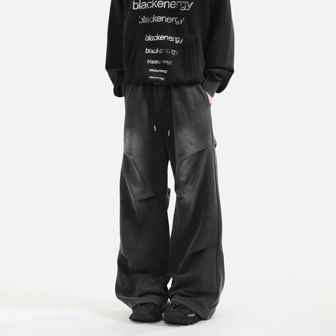 秋冬新款褶皱设计重磅卫裤水洗做旧宽松阔腿休闲高街长裤