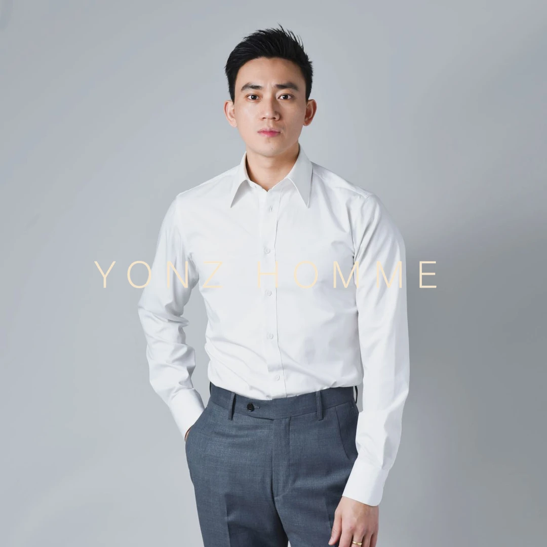 YONZ HOMME高级男士三色修身大尖领衬衫春夏百搭衬衫抗皱免烫长袖