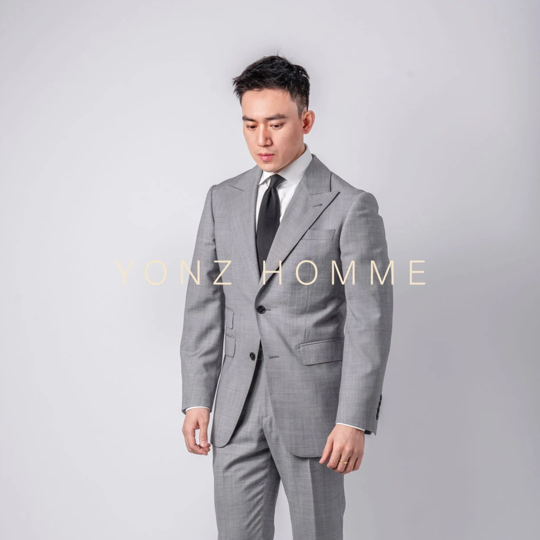 YONZ HOMME全羊毛高级灰枪驳领修身套西双开衩两件套皮带扣西裤