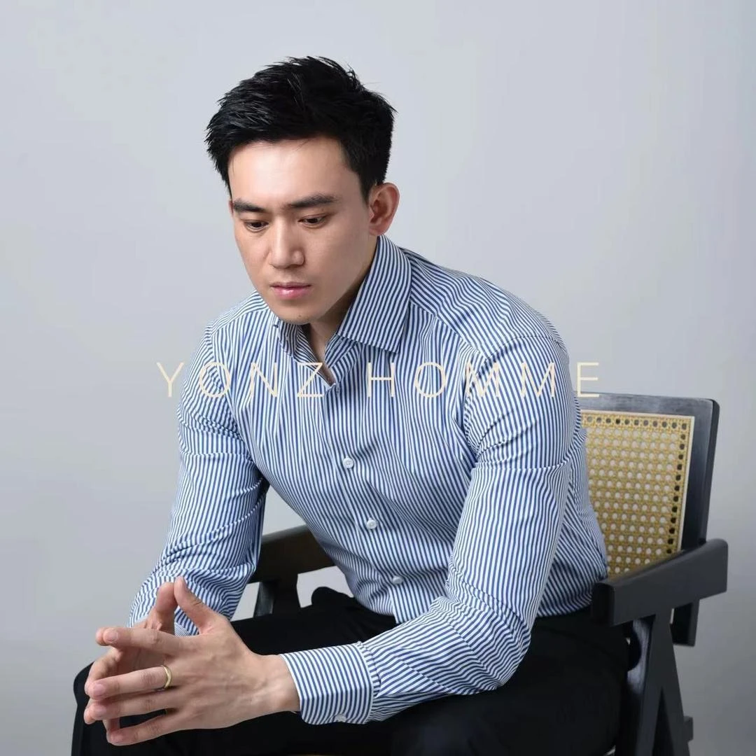 纯棉男士蓝白条纹温莎领衬衫修身商务长袖液氨处理衬衫