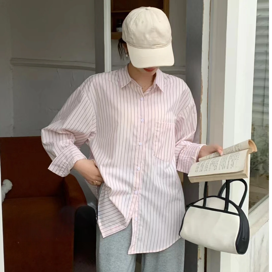 【新疆包邮】8393#衬衣衬衫衬衫长袖小众宽松竖条纹百搭时尚气质