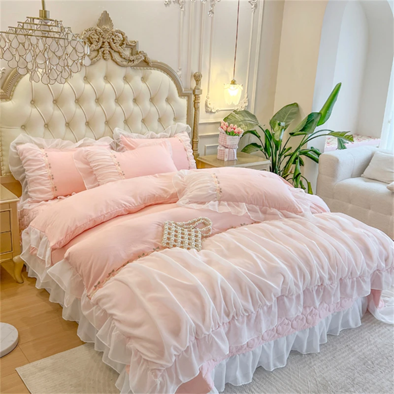 韩版公主风纯色床盖四件套夹棉加厚床单荷叶边网纱被套床上用品