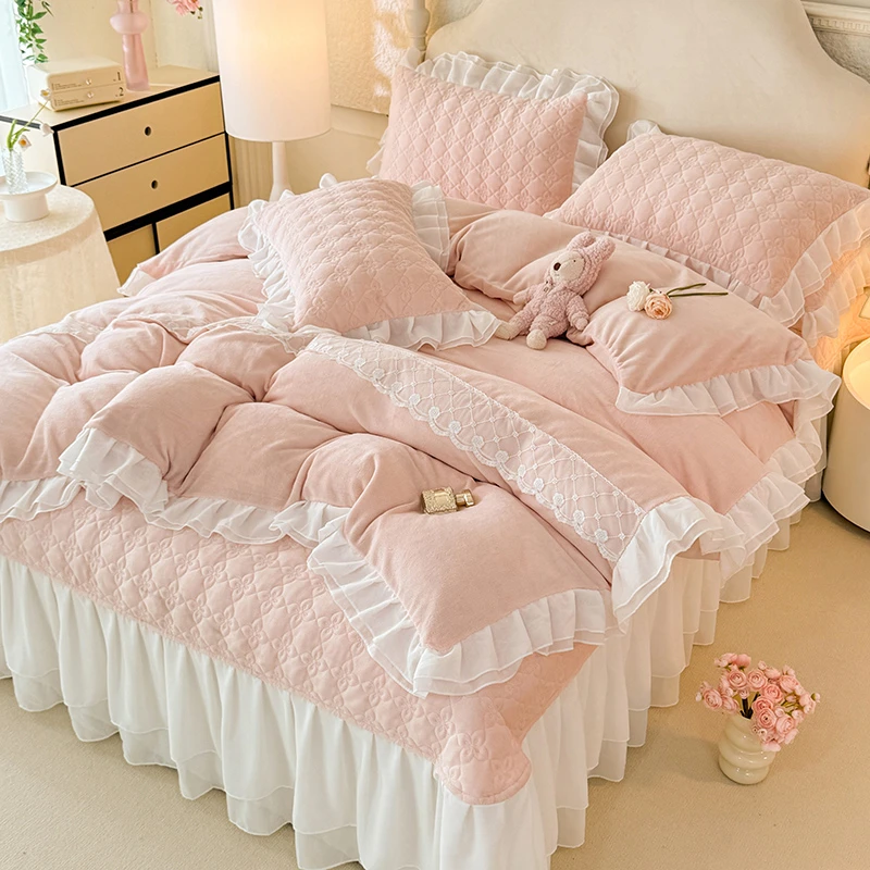 冬季夹棉加厚牛奶绒床盖四件套公主蕾丝花边双面绒被套床盖三件套