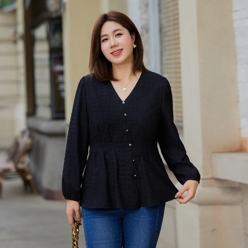 【显瘦休闲通勤】纤莉秀大码女装胖MM秋季新款遮肉V领上衣QI4329