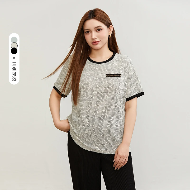 【减龄撞色针织衫】纤莉秀大码女装胖mm【视频】气质百搭上衣QJ0328