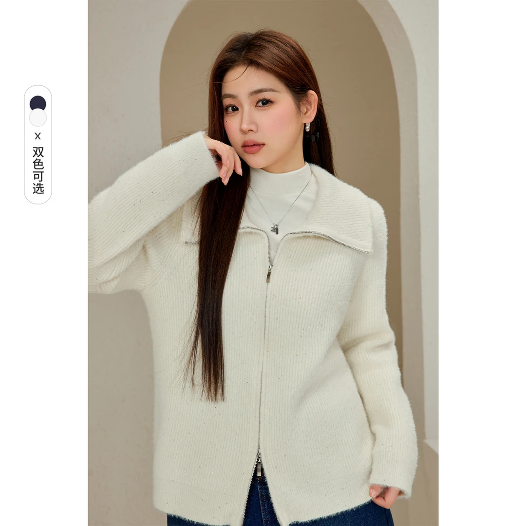 【慵懒休闲毛衣】纤莉秀大码女装微胖气质双头拉链开衫毛衣QJ5213