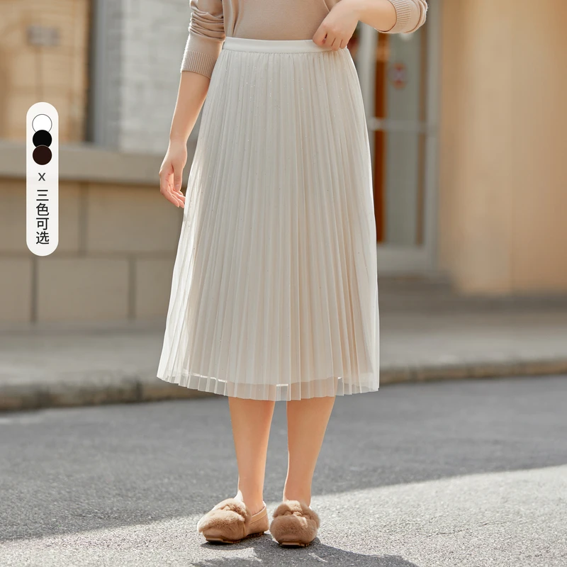 【高腰时髦】纤莉秀女黑色百褶裙减龄气质闪亮半身裙【短视频】QI5801