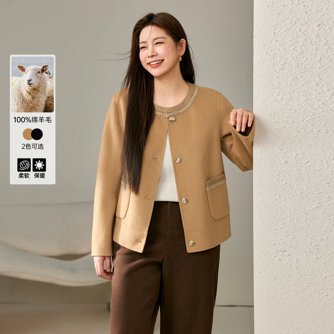 【复古老钱风全羊毛毛呢外套】纤莉秀大码【视频】毛呢外套QJ2196