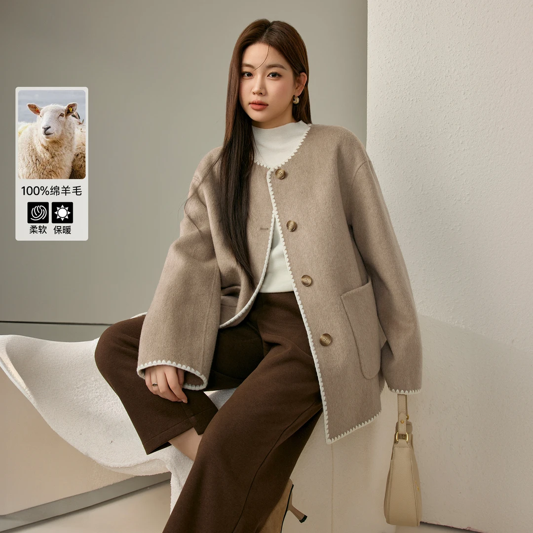 【100%绵羊毛毛呢外套】纤莉秀大码胖mm秋冬新款美拉德大衣Qj2195